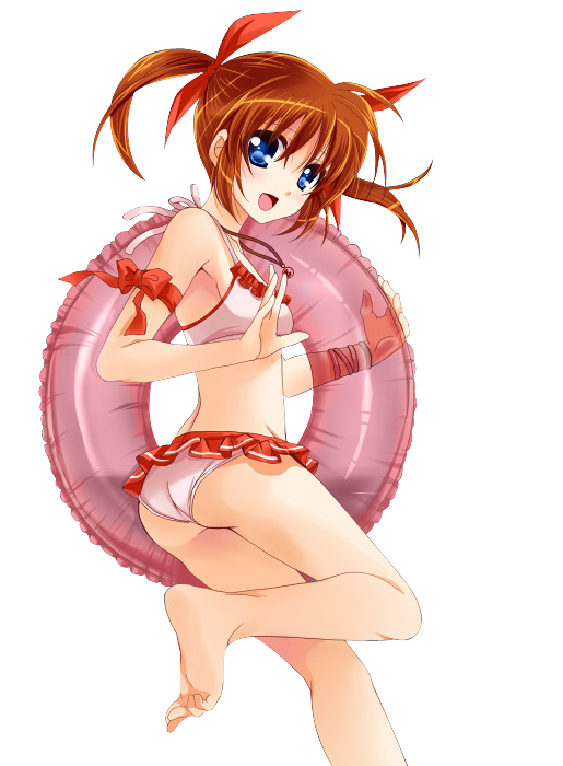 1girl :d arm_ribbon ass barefoot bikini bikini_skirt blue_eyes bow breasts brown_hair extraction hair_bow hair_ribbon innertube long_hair looking_at_viewer lyrical_nanoha one_leg_raised open_mouth pink_bikini red_ribbon ribbon simple_background small_breasts smile solo standing swimsuit takamachi_nanoha transparent transparent_background twintails