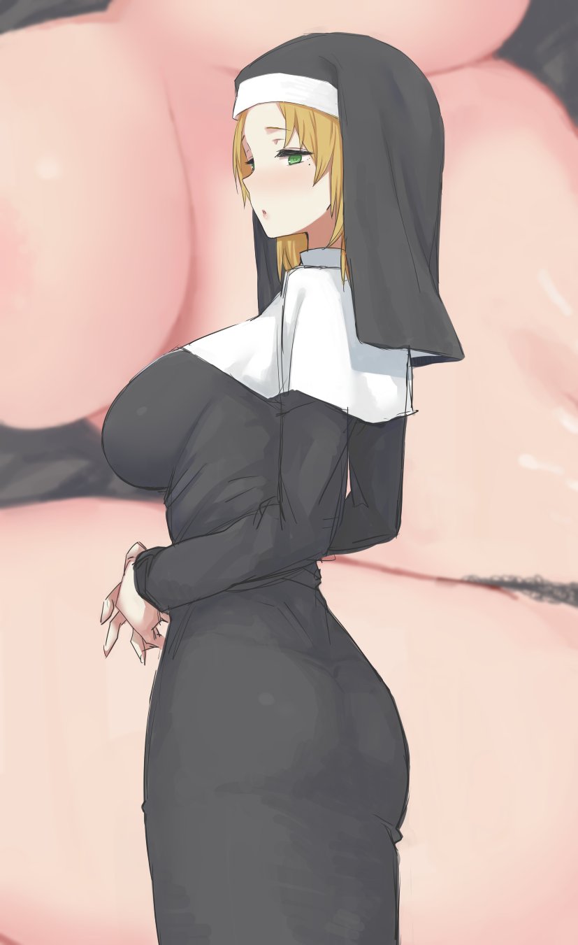 1girl ass black_dress blonde_hair blush breasts breasts_apart dress from_side gomu_(chewinggom) habit hands_clasped highres interlocked_fingers large_breasts long_sleeves looking_to_the_side medium_hair mole mole_under_eye nun original own_hands_together panties parted_lips projected_inset skin_tight solo standing underwear veil