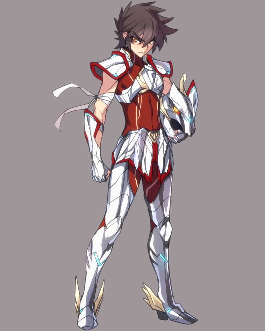 &gt;:/ 1boy angry armor ban bandage breastplate brown_eyes brown_hair clenched_hand closed_mouth full_body gauntlets helmet highres male_focus pegasus_seiya saint_seiya short_hair simple_background spaulders standing thick_eyebrows