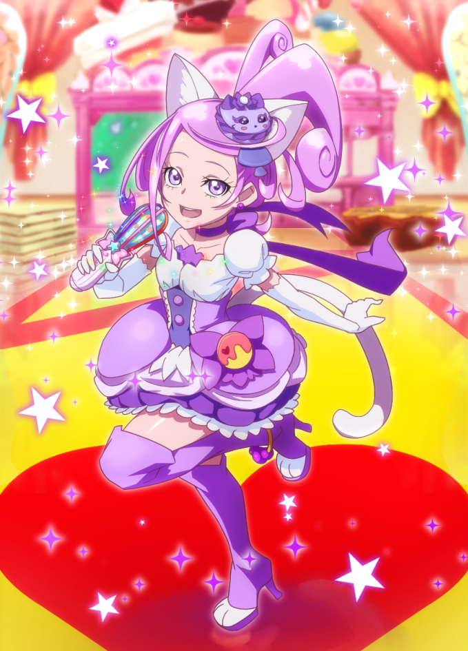 1girl animal_ears boots cat_ears cat_tail choker color_connection cosplay cure_macaron cure_macaron_(cosplay) cure_sword davi_(dokidoki!_precure) dokidoki!_precure earrings elbow_gloves extra_ears food_themed_hair_ornament full_body gloves hair_ornament high_heel_boots high_heels jewelry kenzaki_makoto kirakira_precure_a_la_mode macaron_hair_ornament magical_girl ponytail precure purple_choker purple_hair purple_skirt short_hair skirt smile solo spade_hair_ornament tail thigh-highs thigh_boots uganda violet_eyes white_gloves