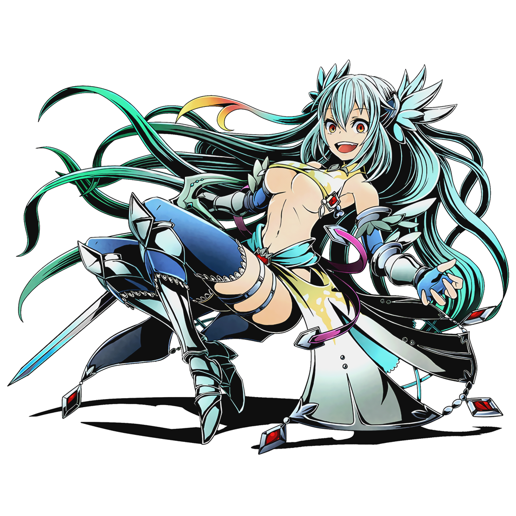 1girl aqua_hair armor armored_boots blue_gloves blue_legwear boots breasts cleavage dione_(road_to_dragons) divine_gate fingerless_gloves floating_hair full_body gloves green_hair hair_between_eyes holding holding_sword holding_weapon long_hair medium_breasts midriff multicolored_hair navel official_art open_mouth orange_eyes road_to_dragons solo sword thigh-highs thigh_strap transparent_background two-tone_hair ucmm under_boob very_long_hair weapon
