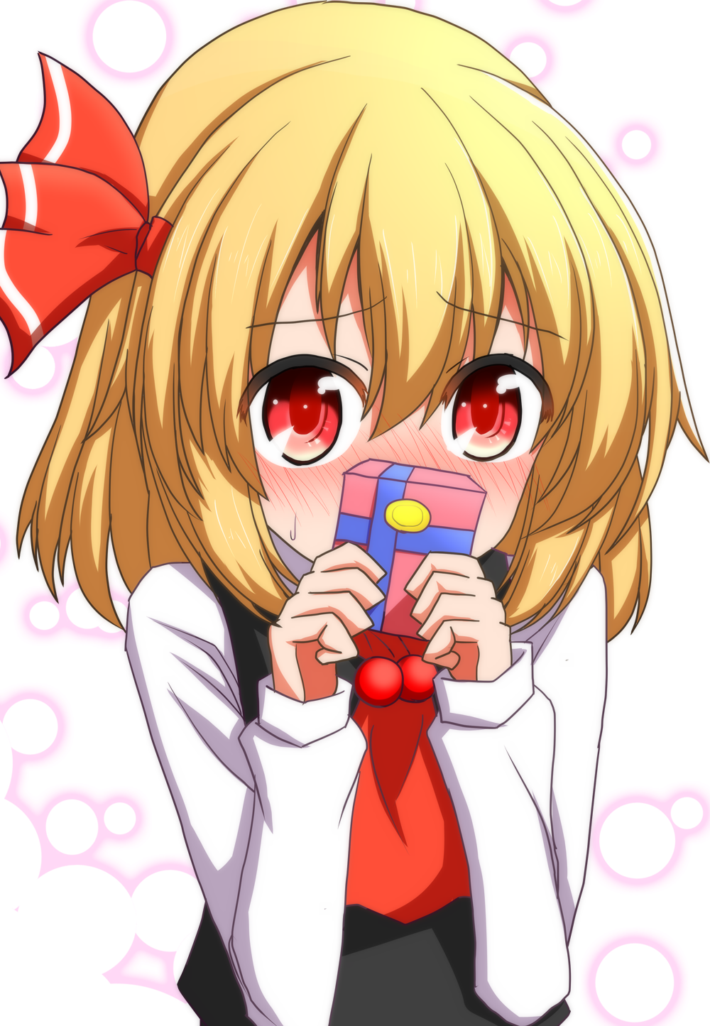 1girl ascot black_vest blonde_hair blush box commentary_request covered_mouth covering_mouth covering_nose full-face_blush gift gift_box hair_between_eyes hair_ribbon highres long_sleeves looking_at_viewer red_ascot red_eyes red_ribbon ribbon rumia shy solo sweat teoi_(good_chaos) touhou upper_body vest white_background