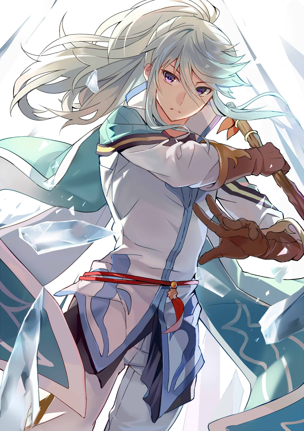 1boy feathers gloves highres light_particles long_hair long_sleeves looking_at_viewer magic male_focus mikleo_(tales) pale_skin qitoli solo staff tales_of_(series) tales_of_zestiria violet_eyes water weapon white_background white_hair