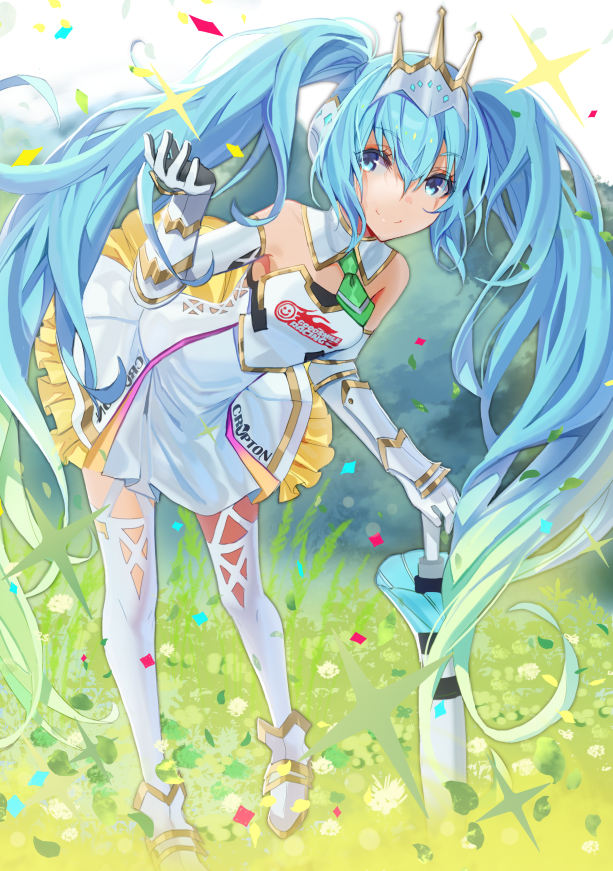 1girl aqua_eyes aqua_hair bangs bare_shoulders closed_mouth closed_umbrella confetti crown detached_collar dress elbow_gloves gauntlets gloves goodsmile_company goodsmile_racing gradient gradient_hair green_hair hand_up hatsune_miku holding holding_umbrella leaning_forward long_hair looking_to_the_side mingou91 multicolored_hair planted_umbrella racequeen shoes smile solo sparkle standing strapless strapless_dress thigh-highs tiara twintails umbrella very_long_hair vocaloid white_dress white_gloves white_legwear white_shoes