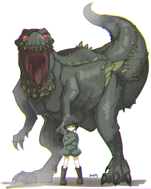 1girl black_boots blue_eyes boots closed_mouth crossed_arms deviljho dinosaur eiri_(eirri) girls_und_panzer helmet katyusha long_sleeves monster monster_hunter open_mouth pravda_military_uniform short_jumpsuit smile solo