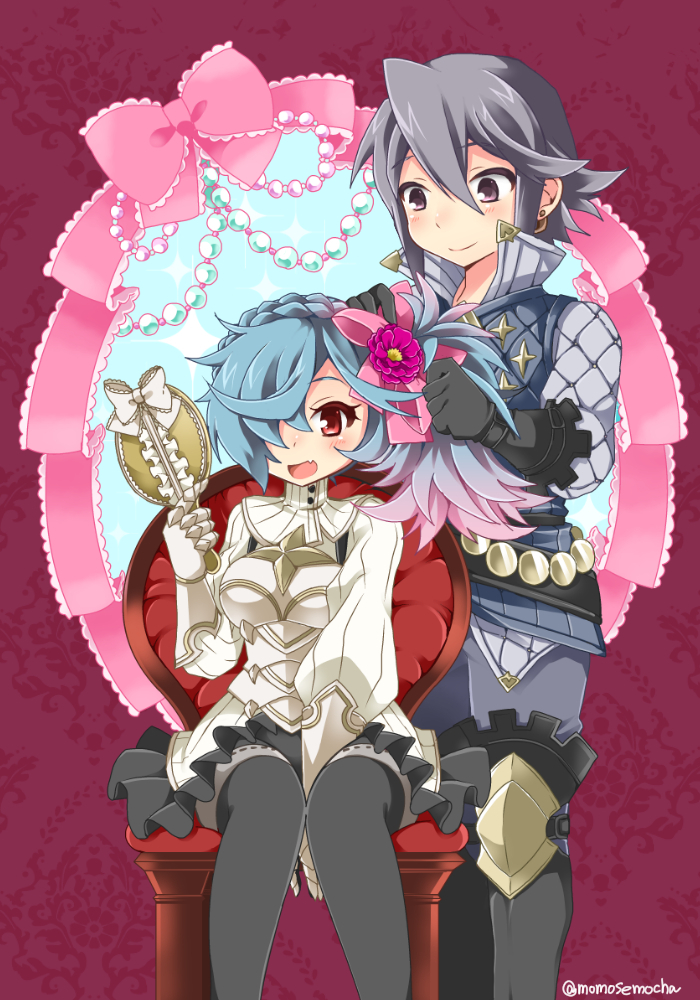 1boy 1girl alternate_hairstyle armor artist_name blue_hair blush boots bow earrings fire_emblem fire_emblem_if flower gloves grey_hair hair_flower hair_ornament hair_over_one_eye jewelry lazward_(fire_emblem_if) mirror momosemocha multicolored_hair open_mouth pieri_(fire_emblem_if) pink_hair red_eyes side_ponytail sitting thigh-highs two-tone_hair violet_eyes