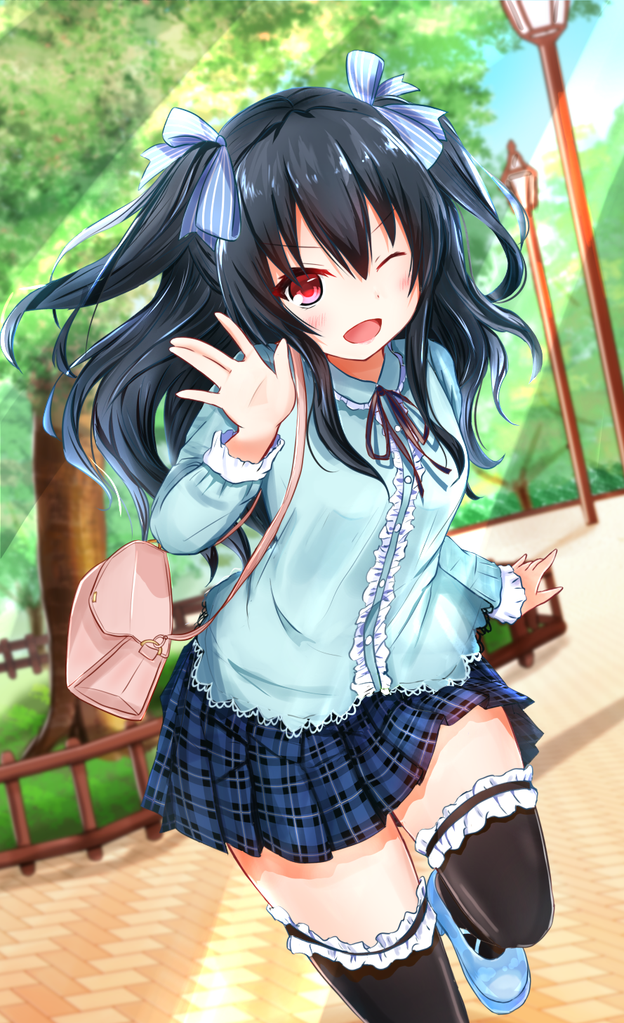 &gt;;) 1girl alternate_costume black_hair blush casual choujigen_game_neptune day dutch_angle ex_idol female frilled_skirt frills highres long_hair looking_at_viewer neptune_(series) one_eye_closed outdoors red_eyes skirt smile solo thighs uni_(choujigen_game_neptune)