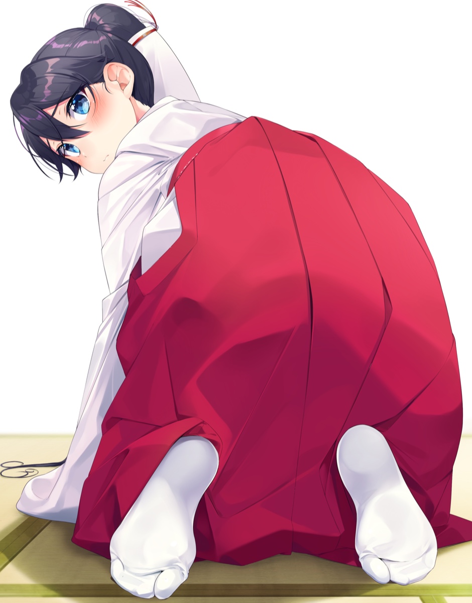 1girl 3: all_fours alternate_costume bangs black_hair blue_eyes blush closed_mouth commentary_request eyebrows_visible_through_hair feet from_behind hair_between_eyes hakama highres houshou_(kantai_collection) japanese_clothes kantai_collection long_skirt long_sleeves looking_at_viewer looking_back miko nezumi_doshi no_shoes pleated_skirt ponytail red_skirt simple_background skirt soles solo tabi tatami toes white_background white_legwear