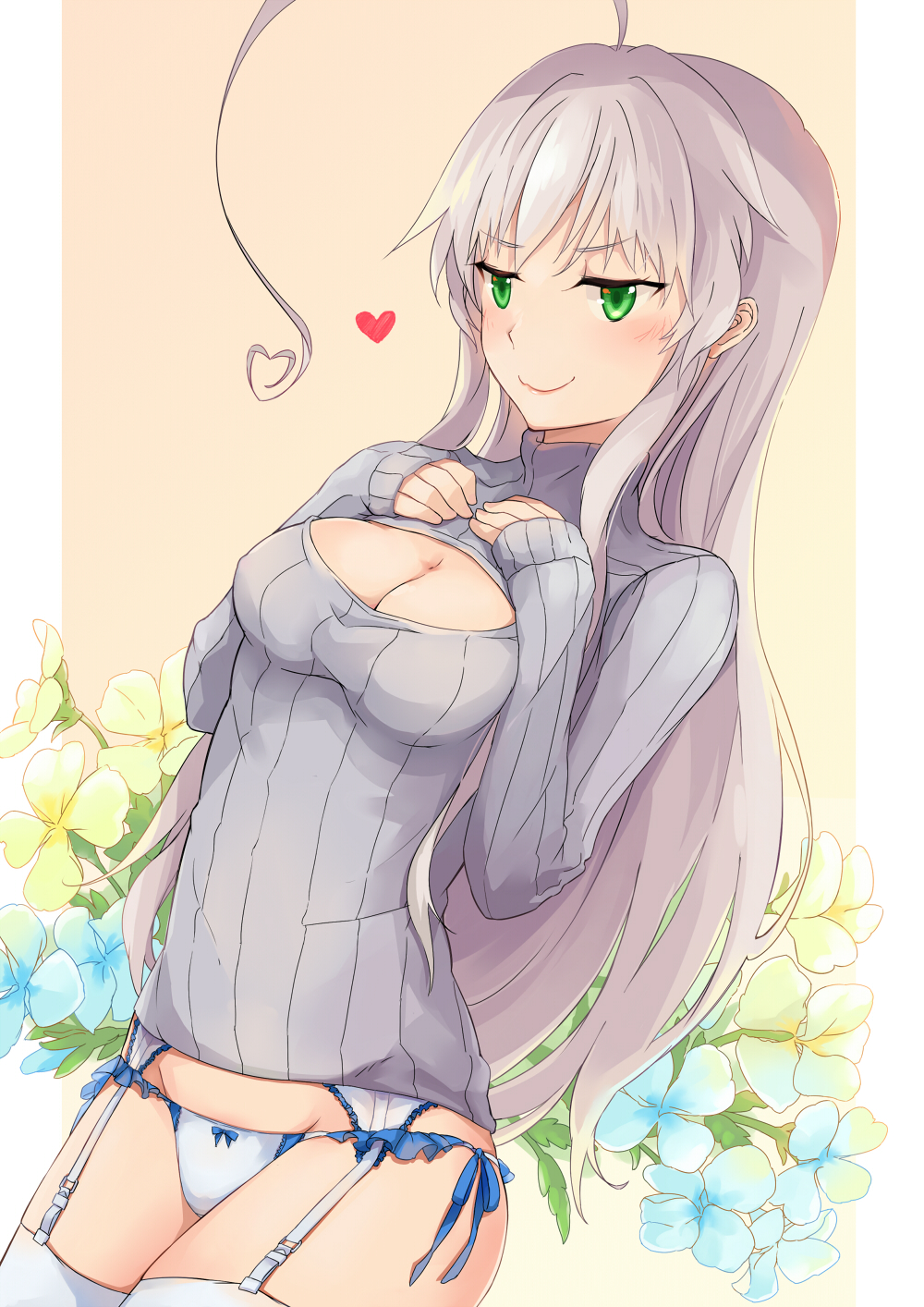 1girl ahoge beige_background blush bow bow_panties breasts closed_mouth eyebrows_visible_through_hair floral_background from_side garter_straps green_eyes grey_hair grey_sweater groin haiyore!_nyaruko-san hands_on_own_chest heart highres huge_ahoge long_hair medium_breasts meme_attire nyarlathotep_(nyaruko-san) open-chest_sweater panties powhway ribbed_sweater sleeves_past_wrists smile solo sweater thigh-highs underwear very_long_hair white_legwear white_panties