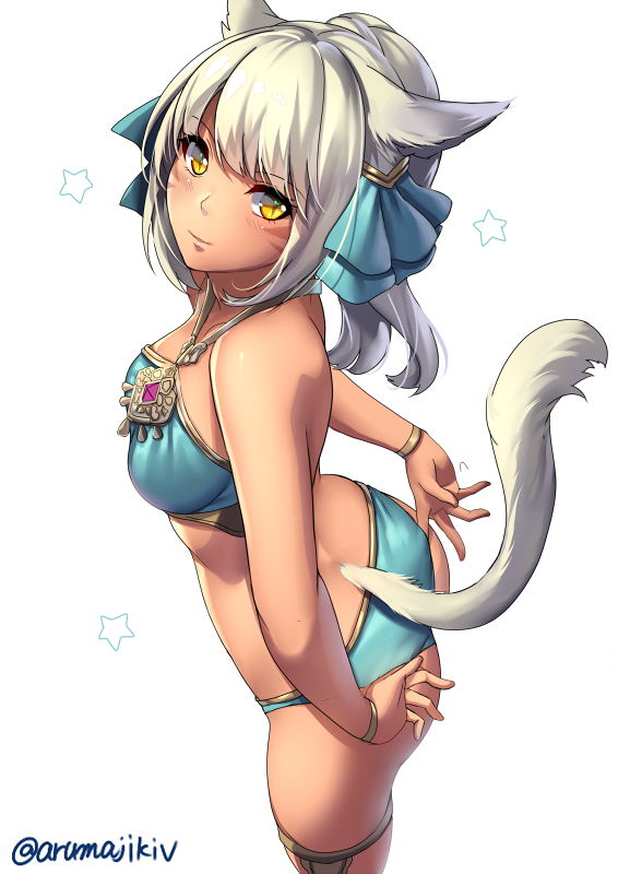 1girl adjusting_clothes adjusting_swimsuit animal_ears arms_behind_back aruma_jiki ass bangs bare_shoulders bikini bikini_pull blue_bikini blue_ribbon breasts cat_ears cat_tail closed_mouth collarbone cowboy_shot eyebrows eyebrows_visible_through_hair final_fantasy final_fantasy_xiv from_above from_side grey_hair hair_ornament hair_ribbon jewelry long_hair looking_at_viewer medium_breasts miqo'te necklace ponytail pulled_by_self ribbon shiny shiny_skin slit_pupils smile solo standing star swimsuit tail thigh_strap twitter_username whisker_markings white_background yellow_eyes