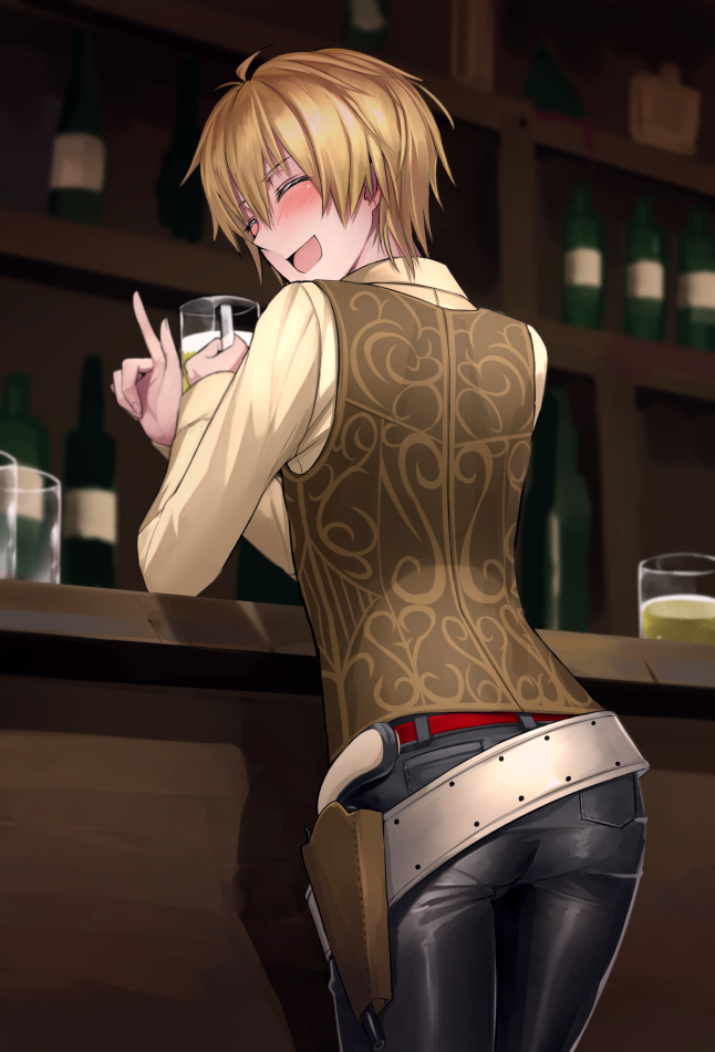 1boy alcohol ass beer beer_mug belt billy_the_kid_(fate/grand_order) blonde_hair blush closed_eyes denim drunk fate/grand_order fate_(series) from_behind holster index_finger_raised jeans open_mouth pants saloon shelf shijiu_(adamhutt) short_hair smile vest
