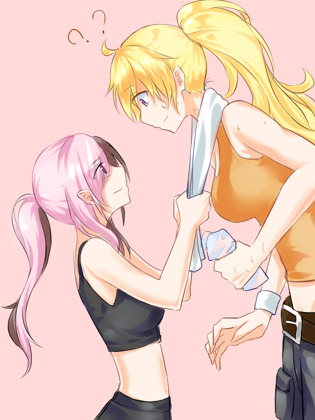2girls ? belt belt_buckle blonde_hair bottle breasts brown_hair buckle cowboy_shot eye_contact eyebrows_visible_through_hair eyes_visible_through_hair highres large_breasts long_hair looking_at_another midriff multicolored_hair multiple_girls neo_(rwby) pink_background pink_hair ponytail rwby size_difference sketch smile sweat sweaty tank_top tl towel towel_around_neck violet_eyes water_bottle yang_xiao_long yuri