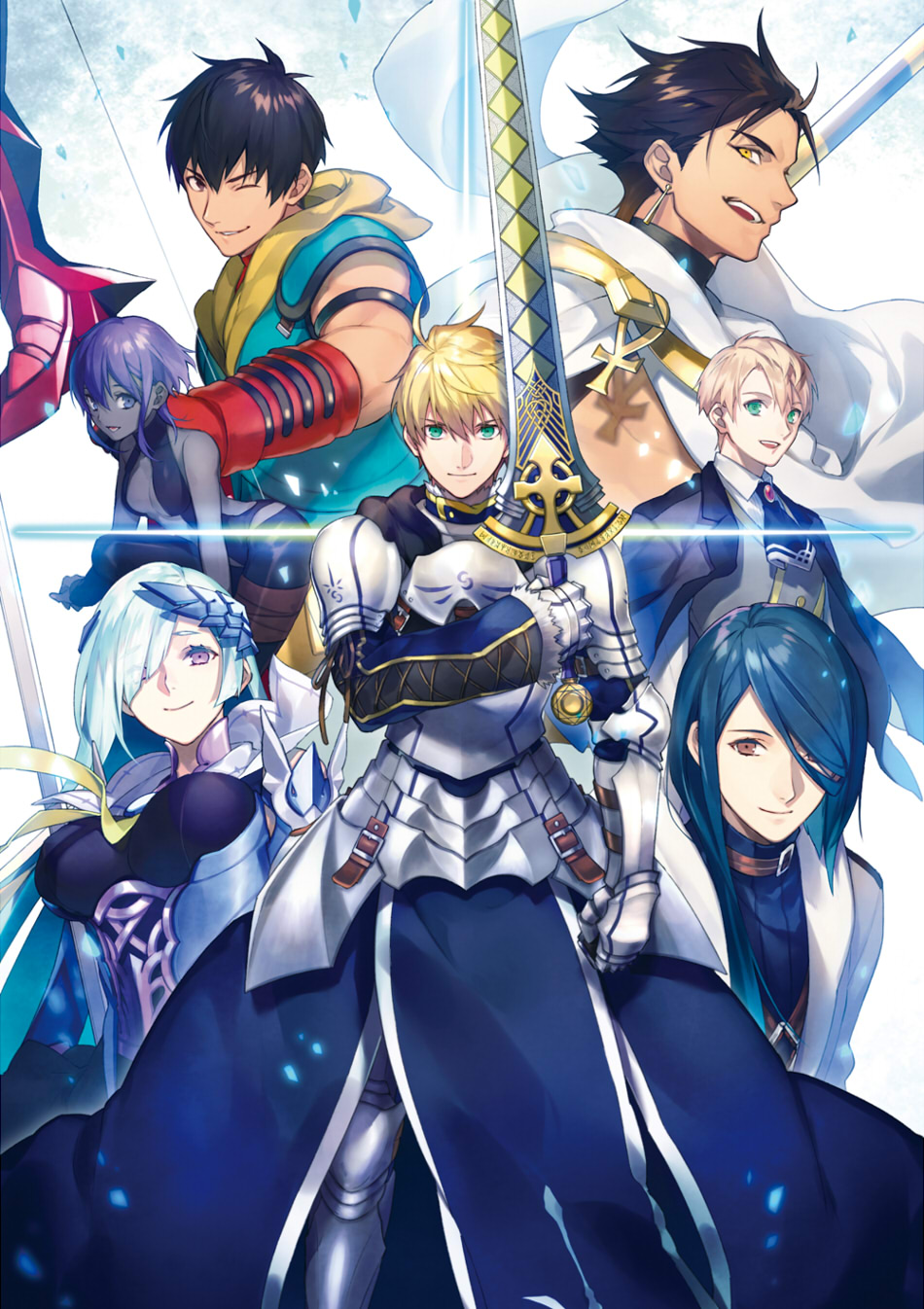 2boys ahoge archer_(fate/prototype_fragments) armor assassin_(fate/prototype_fragments) bare_shoulders berserker_(fate/prototype_fragments) black_hair blonde_hair bow_(weapon) breasts brown_hair caster_(fate/prototype_fragments) dark_skin excalibur fate/prototype fate/prototype:_fragments_of_blue_and_silver fate_(series) gauntlets gloves hairband highres lancer_(fate/prototype_fragments) long_hair looking_at_viewer multiple_boys nakahara_(mu_tation) one_eye_closed ponytail purple_hair rider_(fate/prototype_fragments) saber_(fate/prototype) short_hair smile very_long_hair violet_eyes weapon yellow_eyes