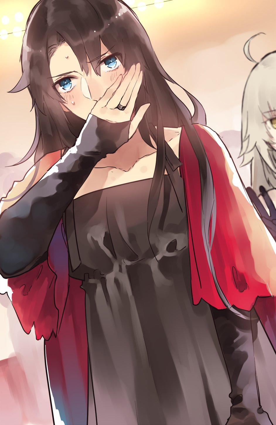 1boy 1girl blonde_hair blush brown_hair crossdressinging dress embarrassed fate/grand_order fate_(series) flat_chest fujimaru_ritsuka_(male) highres humiliation jeanne_alter jewelry long_hair ponytail ring ruler_(fate/apocrypha) trap v yellow_eyes