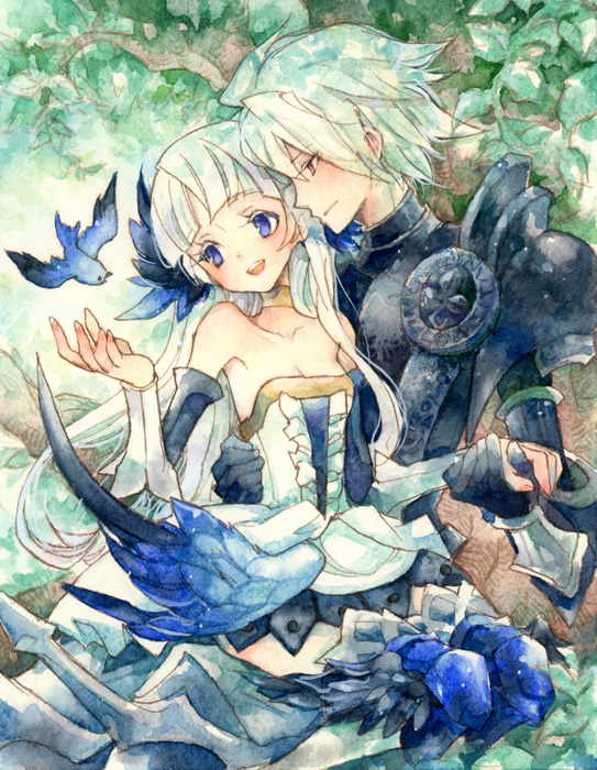 1boy 1girl armor bird blue_eyes breasts choker cleavage collarbone couple dress feathered_wings feathers gloves gwendolyn hand_holding leaf long_hair looking_at_another nesu_(nsm888) odin_sphere open_mouth oswald red_eyes short_hair sitting sitting_on_lap sitting_on_person smile tree white_hair wings