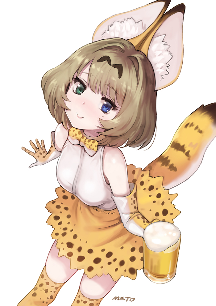 1girl alcohol alternate_costume animal_ears artist_name bare_shoulders blue_eyes blush bow bowtie brown_hair cat_ears cat_tail commentary_request cosplay elbow_gloves from_above gloves green_eyes heterochromia idolmaster idolmaster_cinderella_girls kemono_friends looking_at_viewer looking_up meto31 mole mole_under_eye serval_(kemono_friends) serval_(kemono_friends)_(cosplay) serval_ears serval_print serval_tail shirt short_hair skirt sleeveless smile solo tail takagaki_kaede