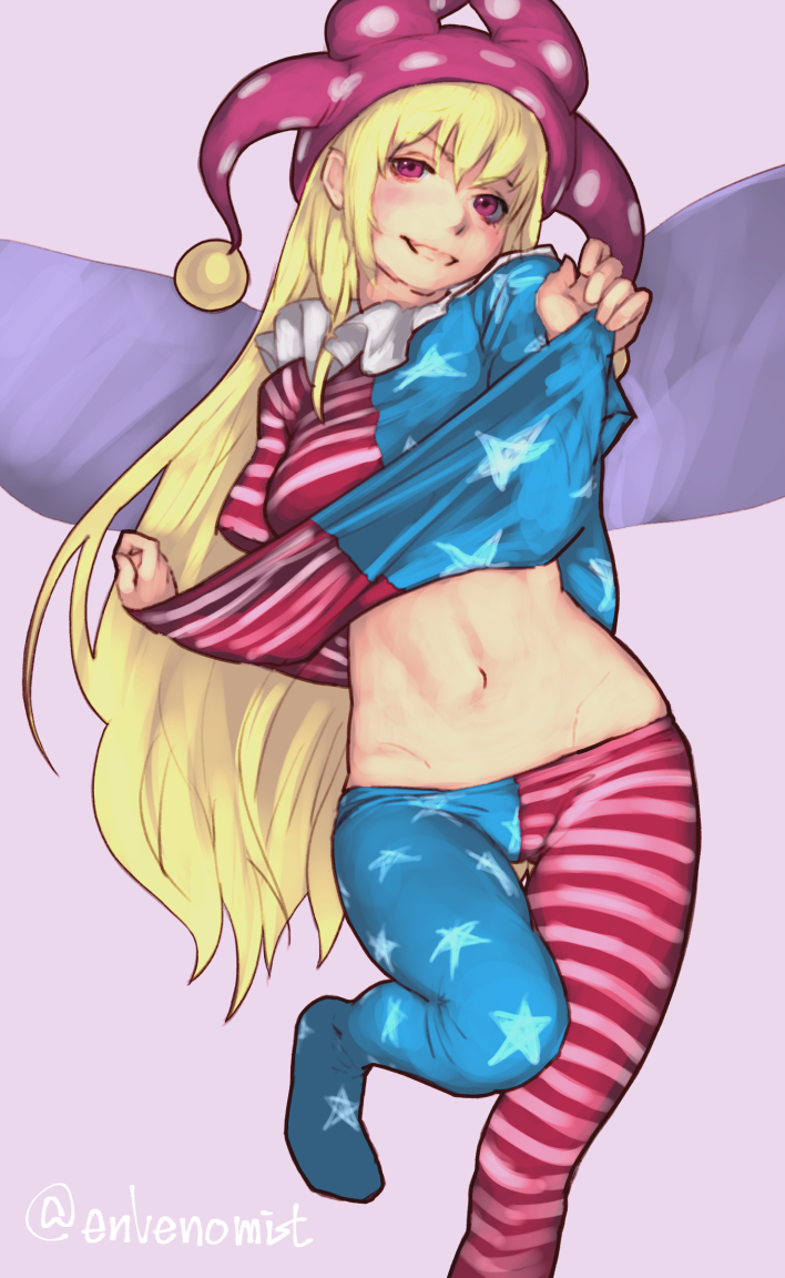 1girl american_flag_dress american_flag_legwear bangs blonde_hair clownpiece dress dress_lift gengoroumaru_(ambidextrous) hat jester_cap lifted_by_self long_hair looking_at_viewer midriff navel neck_ruff pantyhose pink_eyes polka_dot short_dress short_sleeves solo star star_print striped touhou very_long_hair