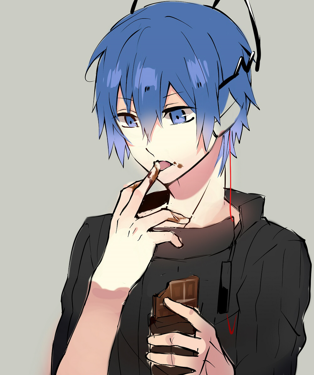 1boy blue_hair chocolate finger_licking food grey_background headphones holding licking male_focus melting open_mouth pale_skin protagonist_(devil_survivor) qitoli shin_megami_tensei short_hair simple_background solo tongue