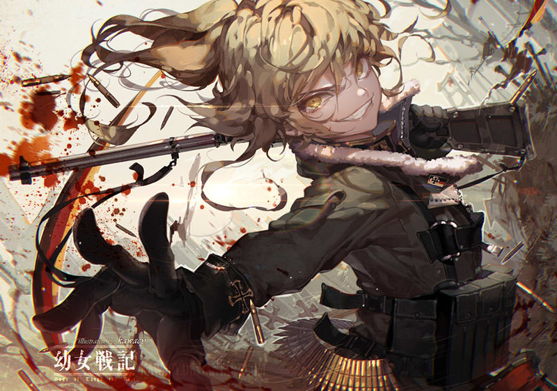 1girl ahoge bad belt blonde_hair blue_eyes evil gloves grin gun hair_between_eyes hat iron_cross kawacy lolita_anime lolita_fashion long_sleeves looking_at_viewer military military_uniform open_mouth patreon_username ponytail short_hair smile solo tanya_degurechaff uniform weapon youjo_senki