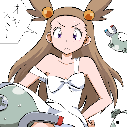 1girl brown_hair japanese japanese_text lowres magnemite mikan_(pokemon) panties pantyshot pokemon pokemon_(game) pokemon_gsc underwear