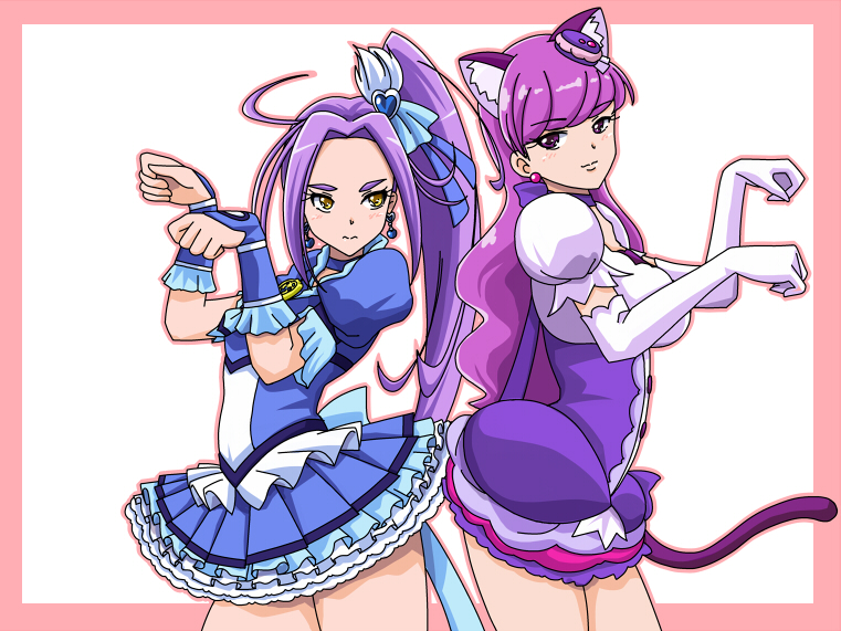 2girls animal_ears bangs blue_choker blue_ribbon blue_skirt cat_ears cat_tail choker closed_mouth cowboy_shot cure_beat cure_macaron earrings elbow_gloves extra_ears food_themed_hair_ornament frilled_skirt frills gloves h26r hair_ornament hair_ribbon heart_hair_ornament jewelry kirakira_precure_a_la_mode kotozume_yukari kurokawa_eren layered_skirt long_hair macaron_hair_ornament magical_girl multiple_girls parted_bangs pink_border precure puffy_sleeves purple_choker purple_hair purple_skirt ribbon ribbon_choker seiren_(suite_precure) side_ponytail skirt smile suite_precure tail trait_connection violet_eyes white_background white_gloves wrist_cuffs yellow_eyes