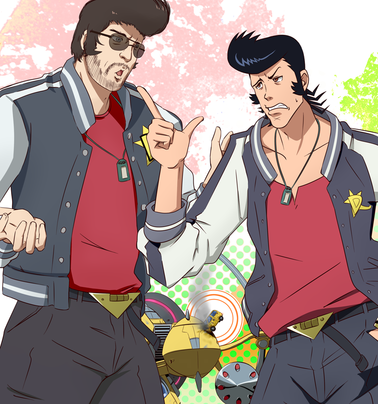 2boys badge belt black_hair black_pants brown_eyes crash dandy_(space_dandy) dog_tags eye_contact facial_hair gudon_(iukhzl) jacket jewelry looking_at_another male_focus multiple_boys mustache necklace open_mouth pants pointing pompadour space_craft space_dandy standing sunglasses sweatdrop