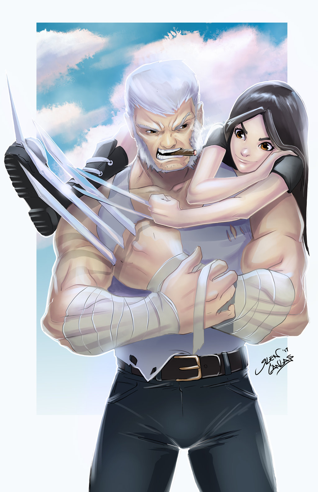 1boy 1girl artist_request black_hair brown_eyes claw_(weapon) claws father_and_daughter female highres logan_(film) long_hair male marvel old_man source_request weapon white_hair wolverine x-23 x-men