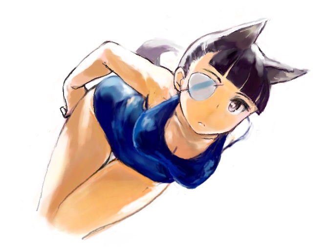 1girl animal_ears arms_behind_back bent_over black_eyes black_hair breasts chikuwa_(tks) cleavage dog_ears dog_tail eyepatch frown long_hair medium_breasts one-piece_swimsuit ponytail sakamoto_mio simple_background solo strike_witches swimsuit tail thigh_gap white_background world_witches_series