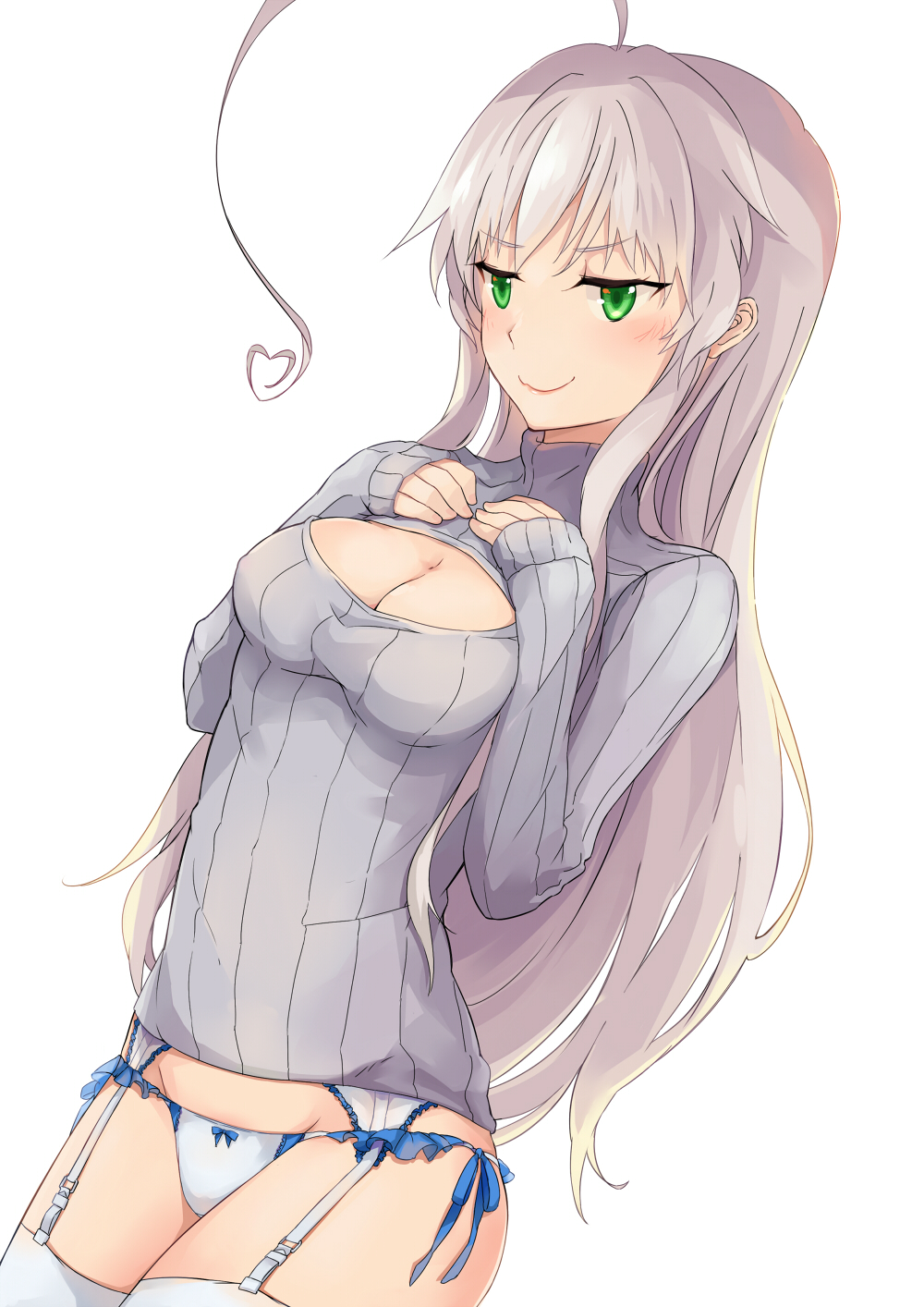 1girl ahoge blush bow bow_panties breasts closed_mouth eyebrows_visible_through_hair from_side garter_straps green_eyes grey_hair grey_sweater groin haiyore!_nyaruko-san hands_on_own_chest heart highres huge_ahoge long_hair medium_breasts meme_attire nyarlathotep_(nyaruko-san) open-chest_sweater panties powhway ribbed_sweater simple_background sleeves_past_wrists smile solo sweater thigh-highs underwear very_long_hair white_background white_legwear white_panties