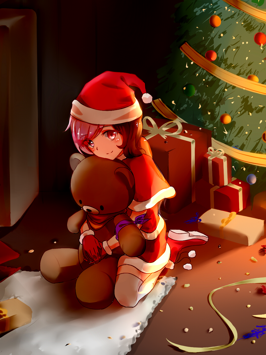 blush boots brown_hair capelet christmas_ornaments christmas_tree fur-trimmed_boots fur-trimmed_capelet fur-trimmed_gloves fur_trim gift gloves hair_over_one_eye hat highres looking_at_viewer neo_(rwby) pink_eyes pink_hair red_gloves rwby santa_costume santa_hat sitting smile stuffed_animal stuffed_toy teddy_bear thigh-highs tl wariza white_legwear