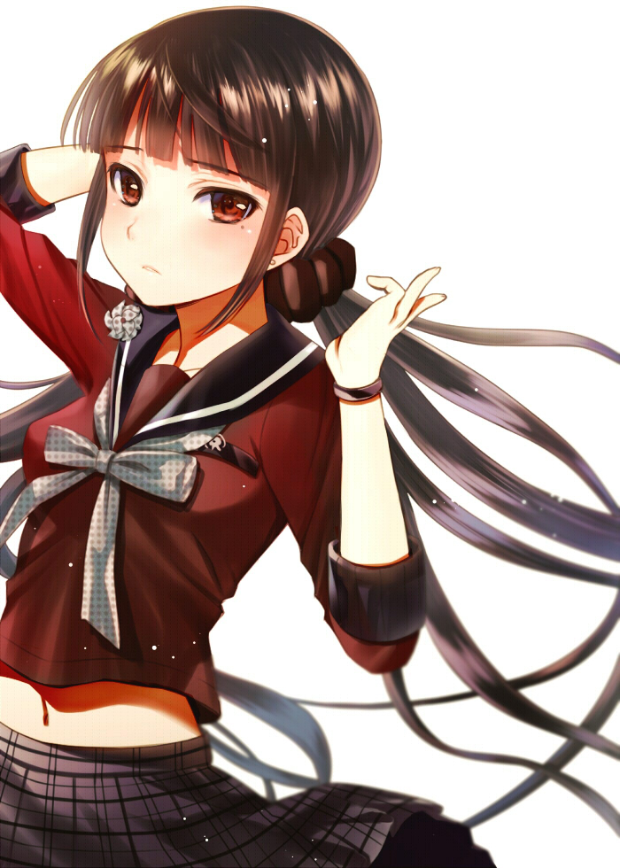 black_hair blush harukawa_maki long_hair low_twintails new_dangan_ronpa_v3 red_eyes seifuku twintails