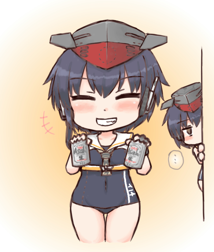 ... 2girls alcohol asahi_breweries asymmetrical_hair bare_shoulders beer beer_can black_hair can chibi cowboy_shot facing_viewer framed_breasts full_body gloves grin hair_between_eyes hat headphones i-13_(kantai_collection) i-14_(kantai_collection) kantai_collection mabuta multiple_girls partly_fingerless_gloves peeking_out sailor_collar school_swimsuit short_hair single_glove sisters smile solo_focus spoken_ellipsis standing swimsuit twins
