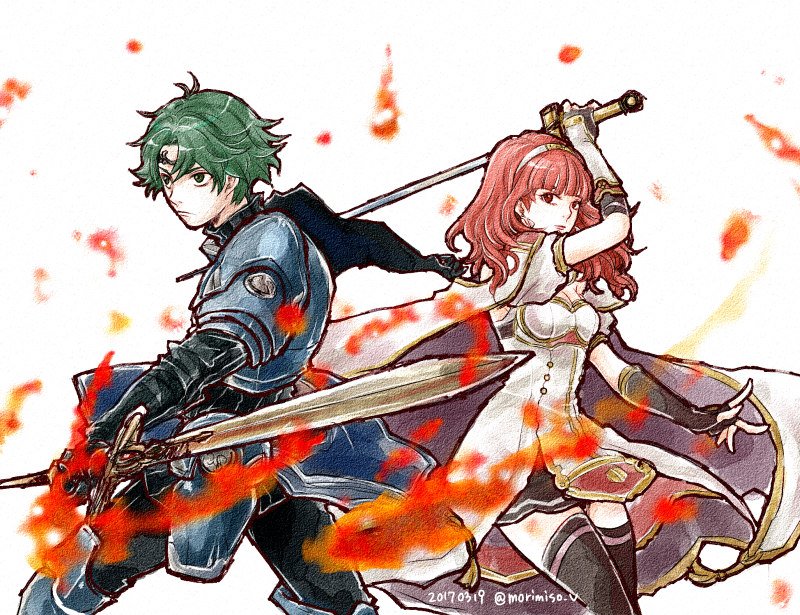 alm_(fire_emblem) armor cape celica_(fire_emblem) dress fire fire_emblem_echoes:_mou_hitori_no_eiyuuou fire_emblem_gaiden green_hair holding holding_weapon insarability redhead sword twitter_username weapon