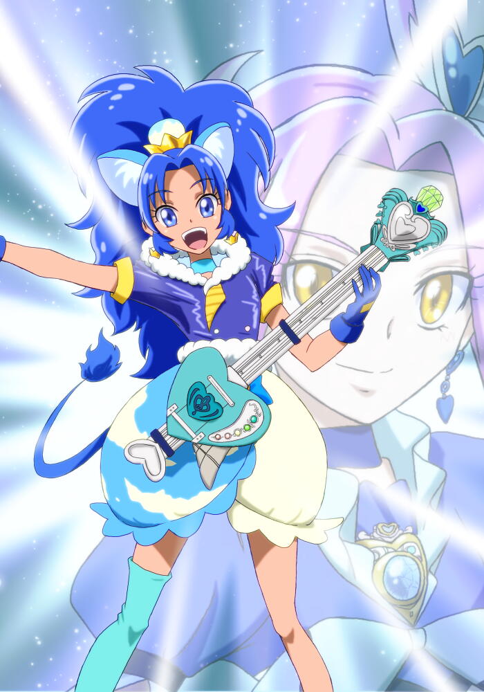 2girls :d animal_ears bangs blue_choker blue_eyes blue_gloves blue_hair blue_legwear blue_shirt blue_skirt brooch closed_mouth cloud_print color_connection cropped_legs crown cure_beat cure_gelato earrings electric_guitar extra_ears gloves guitar happy instrument jewelry kirakira_precure_a_la_mode kurokawa_eren layered_skirt lion_ears lion_tail long_hair looking_at_viewer love_guitar_rod magical_girl mini_crown moritakusan multiple_girls open_mouth parted_bangs precure print_skirt purple_hair seiren_(suite_precure) shirt single_thighhigh skirt smile suite_precure tail tategami_aoi teeth thigh-highs white_skirt yellow_eyes