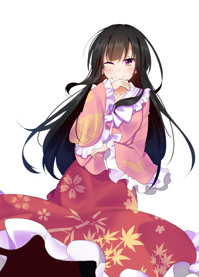 1girl black_hair blouse blush bow bowtie cowboy_shot dutch_angle floral_print frilled_blouse frilled_skirt frilled_sleeves frills houraisan_kaguya leaf_print long_hair long_skirt looking_at_viewer one_eye_closed pink_blouse red_skirt simple_background skirt smile solo touhou very_long_hair violet_eyes white_background white_bow white_bowtie wide_sleeves xialuluo_(sharuro)