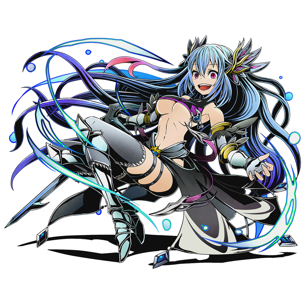 1girl armor armored_boots blue_gloves blue_hair blue_legwear boots breasts cleavage dione_(road_to_dragons) divine_gate fingerless_gloves floating_hair full_body gloves hair_between_eyes holding holding_sword holding_weapon long_hair medium_breasts midriff navel official_art open_mouth road_to_dragons solo sword thigh-highs thigh_strap transparent_background ucmm under_boob very_long_hair violet_eyes weapon