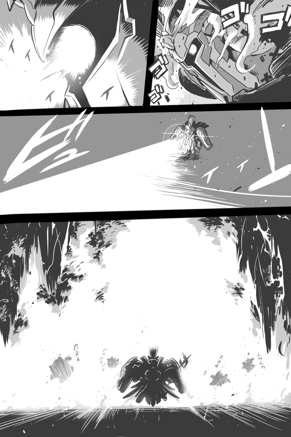 comic egyptian energy_beam explosion eye_beam floating greyscale headdress highres ishiyumi monochrome puzzle_&amp;_dragons ra_(p&amp;d) staff tamadra