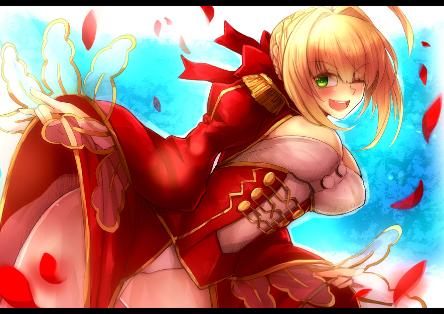 1girl :d ahoge bangs blonde_hair blush breasts cleavage dress epaulettes fate/extra fate/grand_order fate_(series) glasses green_eyes hair_intakes juliet_sleeves large_breasts long_sleeves looking_at_viewer open_mouth puffy_sleeves red_dress saber_extra short_hair smile solo tagme wide_sleeves yude