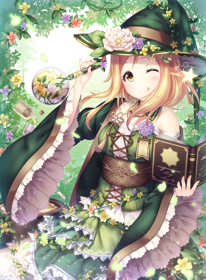 1girl ;q blonde_hair book cauldron commentary_request detached_collar dress flower frilled_sleeves frills green_hat hat hat_flower holding holding_book kokkeina_budou looking_at_viewer love_live! love_live!_school_idol_festival love_live!_sunshine!! obi ohara_mari one_eye_closed open_book plant potion sash solo star tongue tongue_out vines wide_sleeves witch_hat yellow_eyes