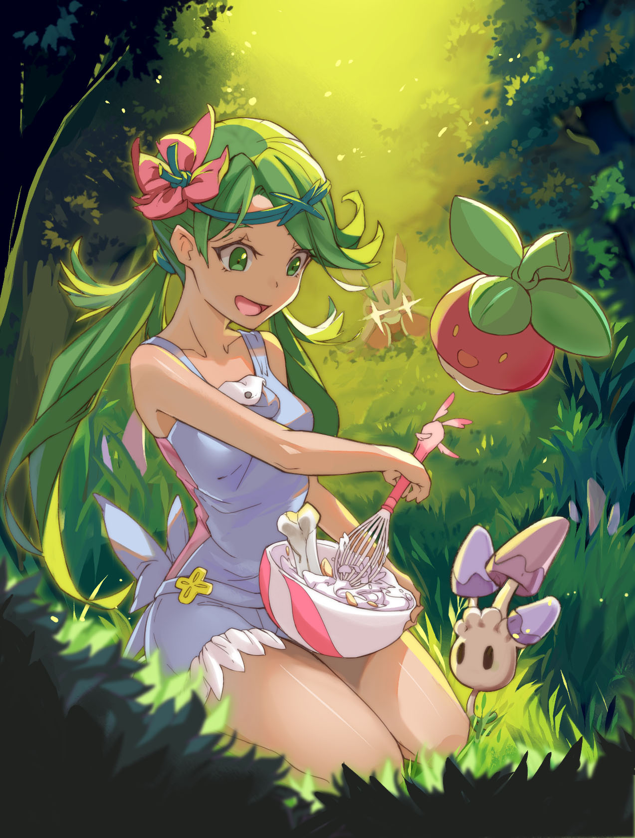 1girl :d apron bangs bare_arms bone bounsweet bowl breasts bush collarbone commentary cream dark_skin flower flower_on_head forest grass green_eyes green_hair hair_flower hair_ornament highres lurantis mallow_(pokemon) mixer_(cooking) morelull nature open_mouth outdoors pink_shirt pokemon pokemon_(creature) pokemon_(game) pokemon_sm seiza shirt sitting sleeveless sleeveless_shirt smile sparkling_eyes swept_bangs thighs tree trial_captain twintails zhu_mu_cunix