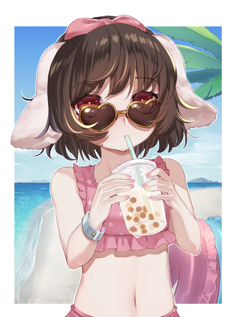 1girl an_skill animal_ears bare_arms beach bikini black_hair bubble_tea commentary_request cup day drinking drinking_straw holding holding_cup inaba_tewi looking_at_viewer nail_polish navel ocean outdoors pink_bikini pink_nails polka_dot polka_dot_bikini rabbit_ears red_eyes short_hair solo summer sunglasses swimsuit touhou upper_body wrist_cuffs yellow_nails