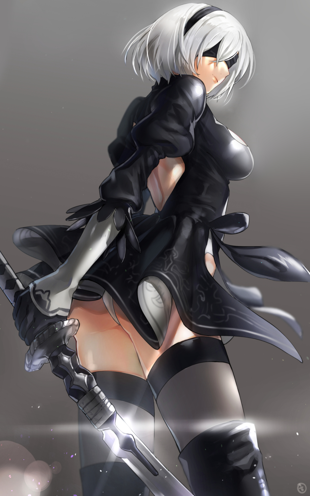 1girl ass back back_cutout black_dress black_gloves black_legwear blindfold boots breasts dress gloves hairband hieung highres holding holding_sword holding_weapon katana leotard nier_(series) nier_automata short_hair silver_hair solo sword thigh-highs thigh_boots weapon yorha_no._2_type_b