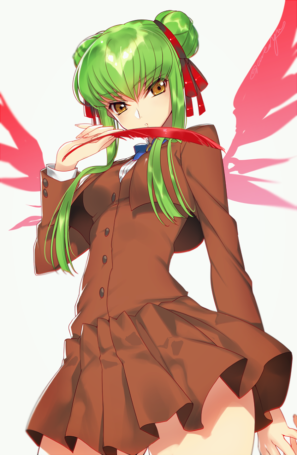 1girl :o blue_bow blue_bowtie bow bowtie breasts brown_jacket brown_skirt buttons c.c. code_geass cosplay cowboy_shot creayus cropped_jacket double_bun eyebrows_visible_through_hair feathers fushigi_yuugi green_hair hair_ribbon holding_feather long_sleeves looking_at_viewer looking_down medium_breasts parted_lips pleated_skirt red_ribbon ribbon school_uniform short_hair_with_long_locks sidelocks simple_background skirt solo standing thighs white_background yellow_eyes yuuki_miaka yuuki_miaka_(cosplay)