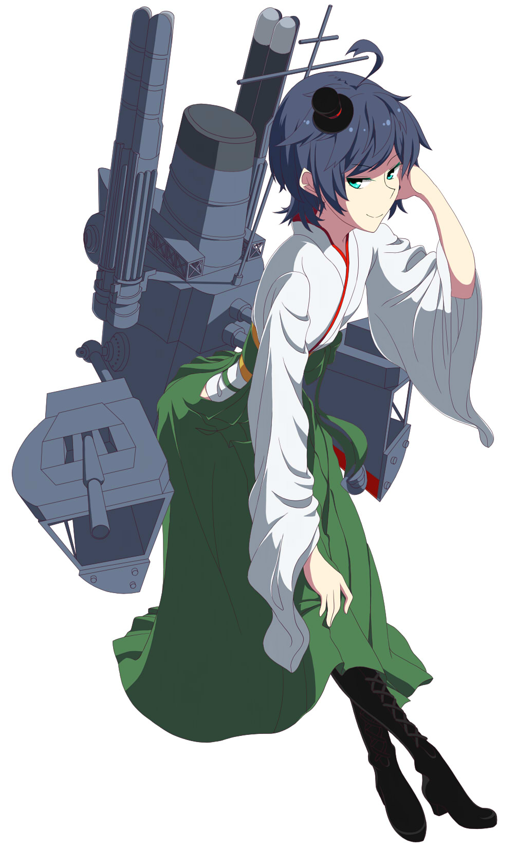 1girl ahoge bangs black_hair boots cannon cross-laced_footwear furisode green_eyes green_hakama hakama hat highres japanese_clothes kantai_collection kimono knee_boots lace-up_boots machinery matsukaze_(kantai_collection) meiji_schoolgirl_uniform mini_hat mini_top_hat short_hair simple_background smokestack solo swept_bangs toho-77 top_hat turret wavy_hair white_background