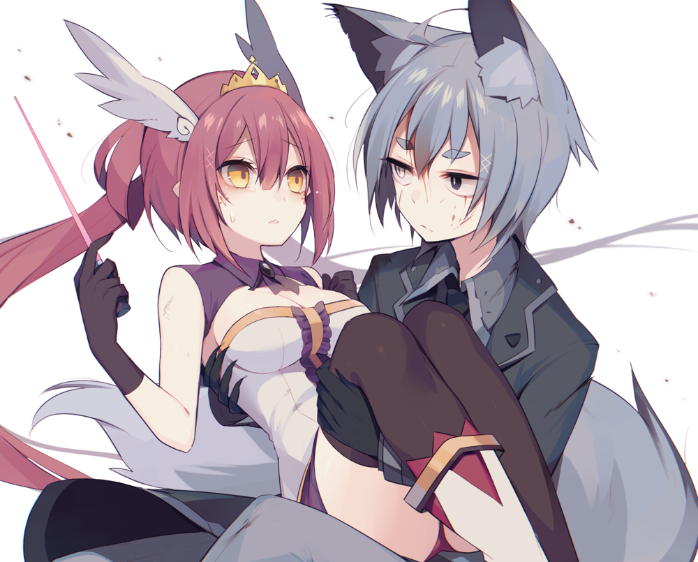 1boy 1girl ahoge animal_ears arms_up bangs bare_arms bare_shoulders black_gloves black_legwear blazer bob_cut bolo_tie boots carrying character_request closed_mouth collared_shirt detached_collar dress_shirt eye_contact eyebrows eyebrows_visible_through_hair eyelashes facial_mark fox_boy fox_ears fox_tail frills gem gloves grey_hair hair_between_eyes hair_ornament head_wings heterochromia holding jacket long_hair long_sleeves looking_at_another muryou necktie parted_bangs parted_lips phantasy_star phantasy_star_online_2 pointy_ears princess_carry purple_hair quna_(pso2) raised_eyebrows shirt short_hair short_hair_with_long_locks simple_background sweatdrop tail tears thick_eyebrows thigh-highs tiara triangle_mouth twintails very_long_hair white_background wing_collar x_hair_ornament yellow_eyes