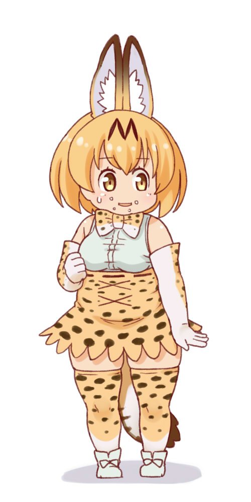 1girl :d animal_ears arm_at_side belly blonde_hair blush bow bowtie chibi commentary dress elbow_gloves fat food food_on_face gloves hand_gesture hondarai kemono_friends looking_away looking_to_the_side nervous_smile open_mouth plump serval_(kemono_friends) serval_ears serval_tail shoes smile solo spots sweat tail thick_thighs thigh-highs thighs yellow_eyes