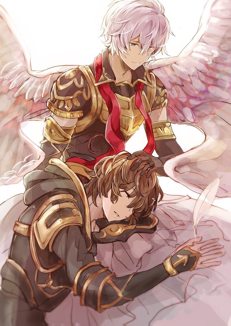 2boys angel_wings armor blue_eyes brown_hair closed_eyes commentary_request elbow_gloves gloves granblue_fantasy hand_on_another's_head hood hood_down hooded_jacket jacket kazuhito_(1245ss) lap_pillow long_sleeves lucifer_(shingeki_no_bahamut) multiple_boys pink_hair sandalphon_(granblue_fantasy) short_sleeves shoulder_armor sitting sleeping smile spread_wings translation_request white_background wings