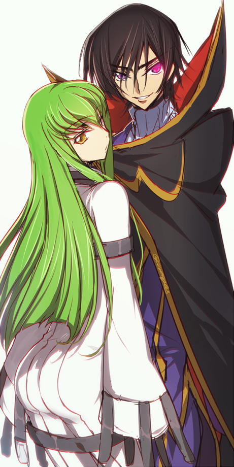 1boy 1girl ass black_hair c.c. code_geass couple creayus green_hair laughing lelouch_lamperouge long_hair looking_at_viewer simple_background smile white_background yellow_eyes