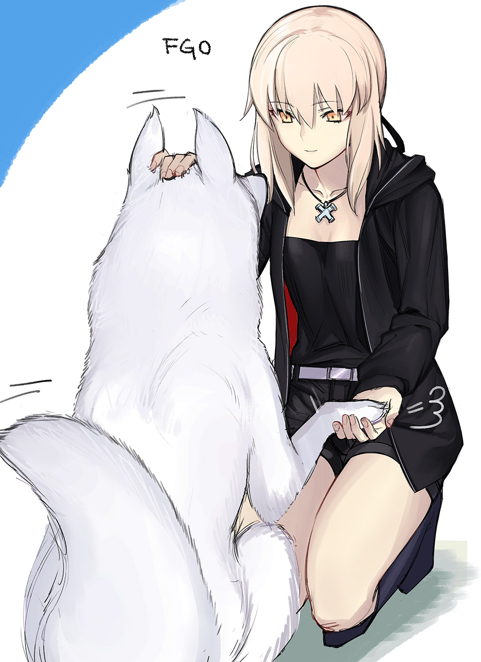 1girl belt boots cross cross_necklace dog fate/grand_order fate/stay_night fate_(series) highres holding_paw hood hoodie jewelry knee_boots necklace pale_skin petting saber saber_alter shorts tetsu_(kimuchi) yellow_eyes