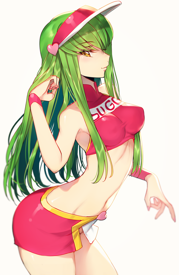 1girl arched_back armpits bangs bare_shoulders breasts c.c. code_geass cosplay creayus crop_top eyebrows_visible_through_hair from_side future_gpx_cyber_formula green_hair hand_in_hair heart high_collar large_breasts long_hair looking_at_viewer miniskirt nail_polish navel red_shirt red_skirt shirt skirt smile solo sugou_asuka sugou_asuka_(cosplay) visor_cap white_background wristband yellow_eyes